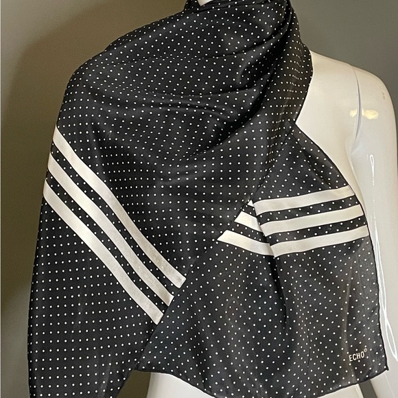 Echo Accessories - Vintage Echo Silk Scarf Black White Polka Dot 15 In by 47 In Excellent Condition